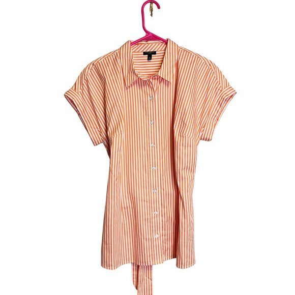 Talbots Womens Short Sleeve Cotton Tie Waist Button Front Stripe Shirt Top Sz MP - Picture 2 of 6
